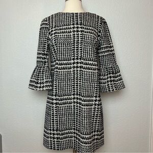 Zara Shift Dress Women's S Black Cream Houndstooth 3/4 Bell Sleeve Back Zip